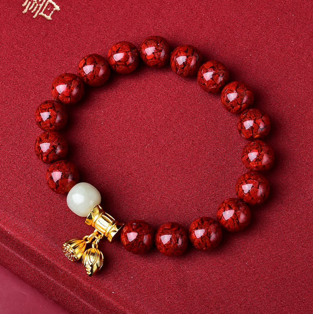 Lingyin Temple Cinnabar Prayer Bead Bracelet – Blessed at One of China’s Most Famous Buddhist Temples